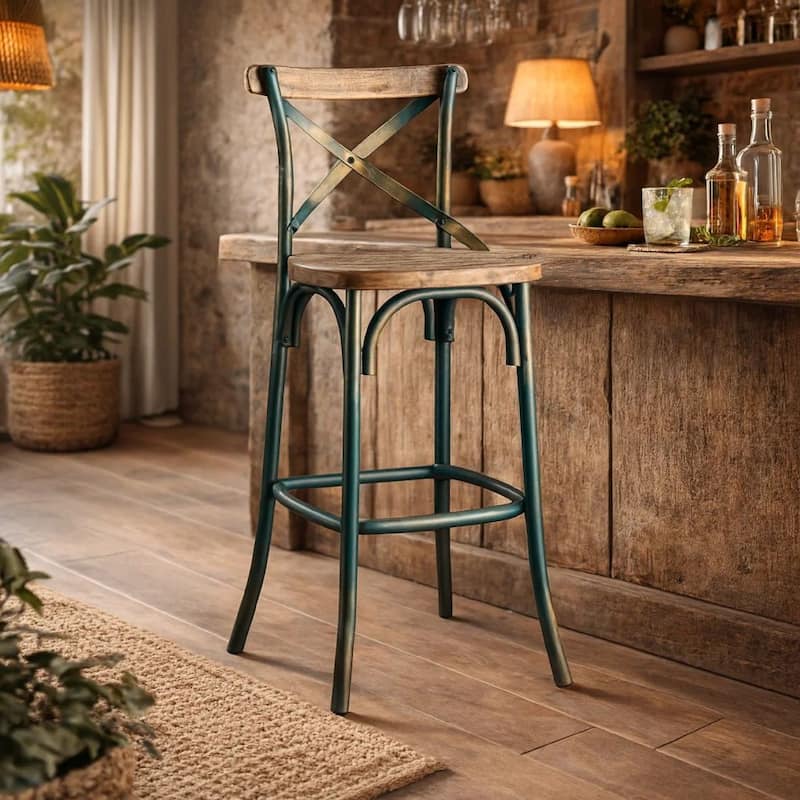 Wood & metal Bar Height Chair with X-Style Panel back, Antique Sky Blue
