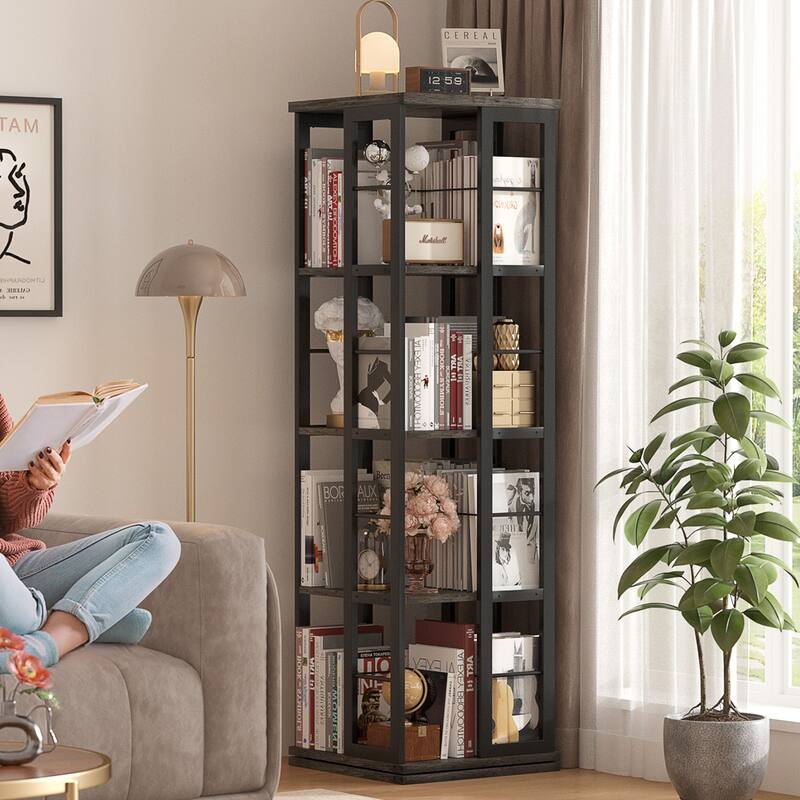 Corner Rotating Bookshelf, 360 Display Wood Spinning Bookshelf, Floor Standing Bookcase Organizer Storage Rack - Grey Oak
