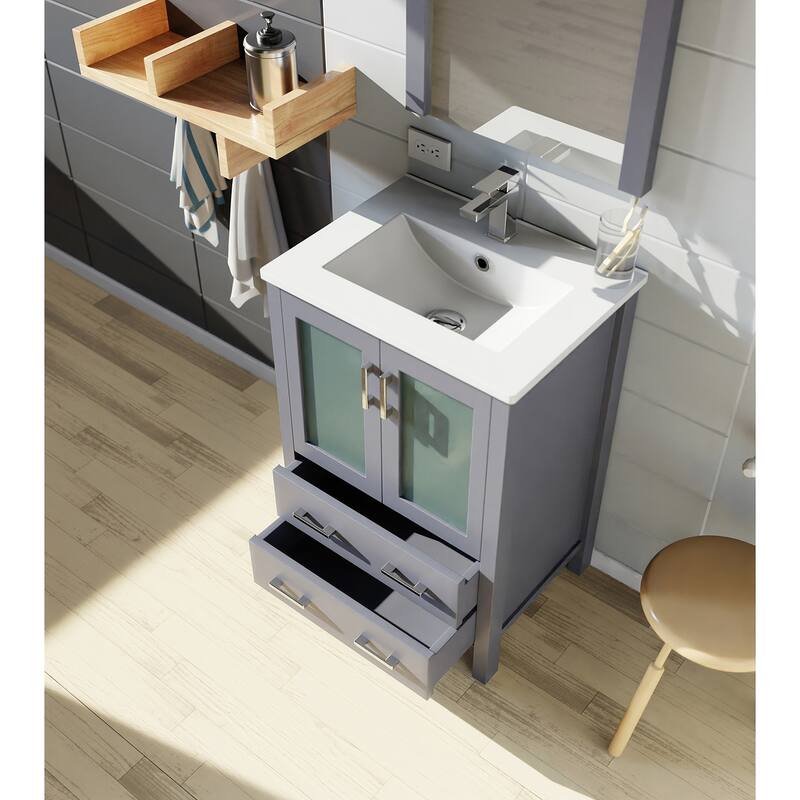 24-inch Bathroom Vanity with Ceramic Top, Mirror, and Soft Close Storage - Includes 1 Cabinet and 2 Drawers for Storage