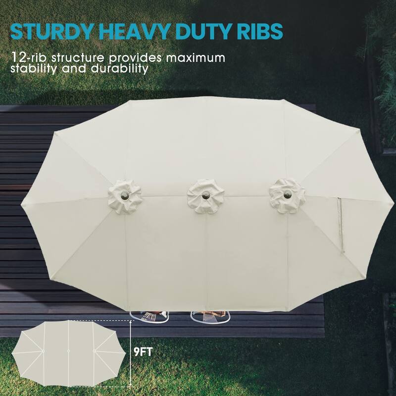 Aoodor 15ft Outdoor Double Sided Market Patio Umbrella with Base Stand