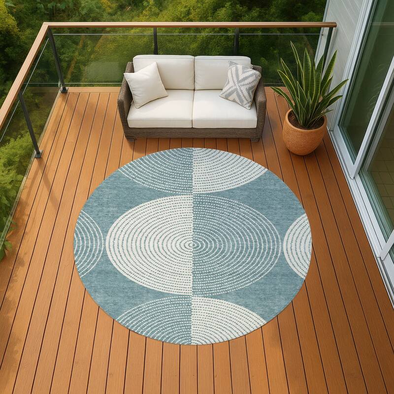 Machine Washable Indoor/ Outdoor Geo Circles Chantille Rug - Teal - 8' x 8'