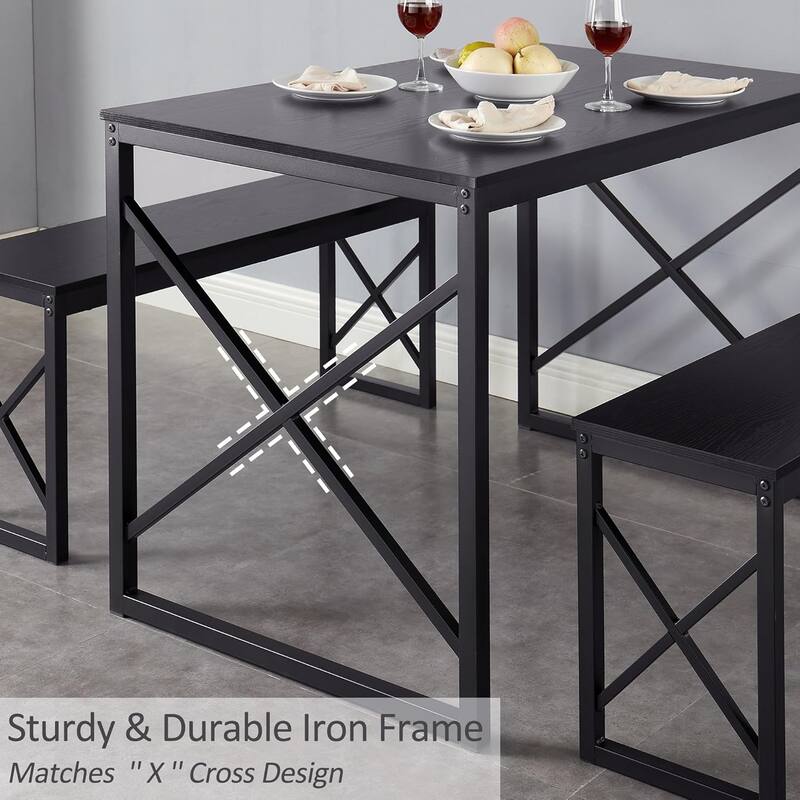 44.3" Dining Table with Benches Kitchen Table set for 4 Rectangular Dining Room Table Set with 2 Metal Wood Benches