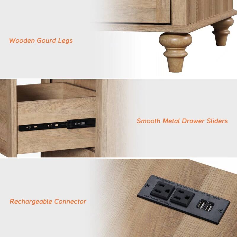 Set of 2 End Tables with Charging Station & Drawer Storage Cabinet