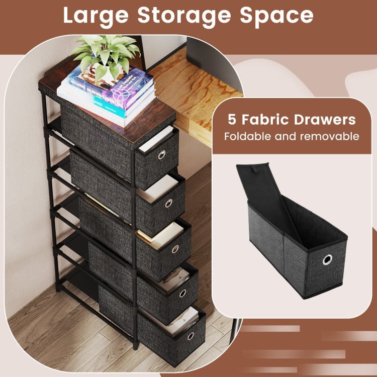 Black MDF Storage Tower with 5 Foldable Drawers Metal Structure and Industrial Wood Top