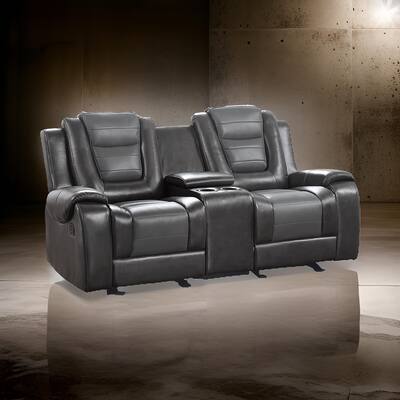 Istro 76 Inch Manual Recliner Loveseat, Cupholder Console Gray Faux Leather