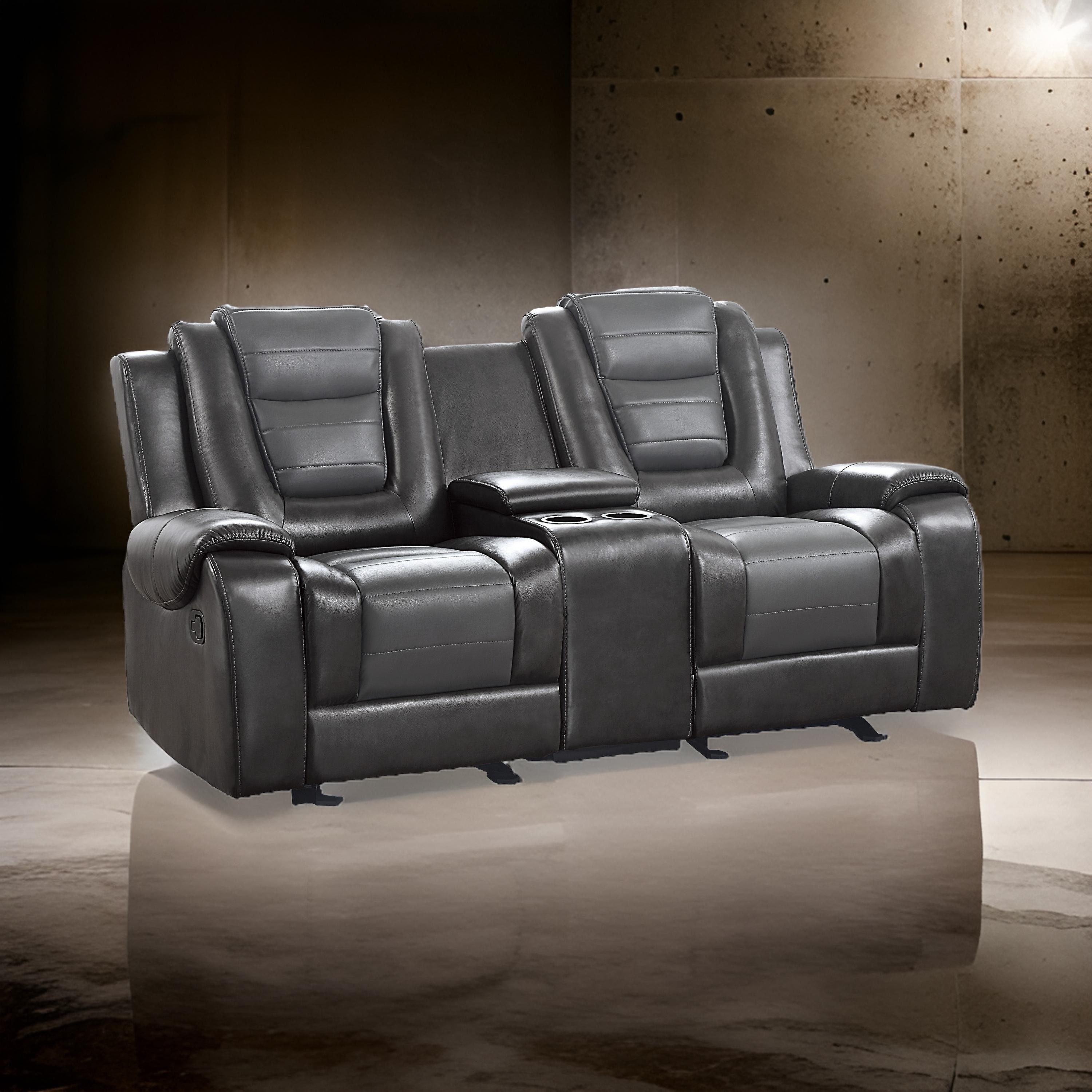 Benjara Istro 76 Inch Manual Recliner Loveseat, Cupholder Console Gray Faux Leather