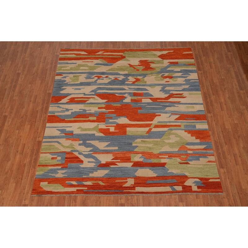 Hand Woven Oriental 100% Wool Carpet Southwestern Modern Oranges & Rust Kilim Area Rug - 9' 10'' X 8' 10''