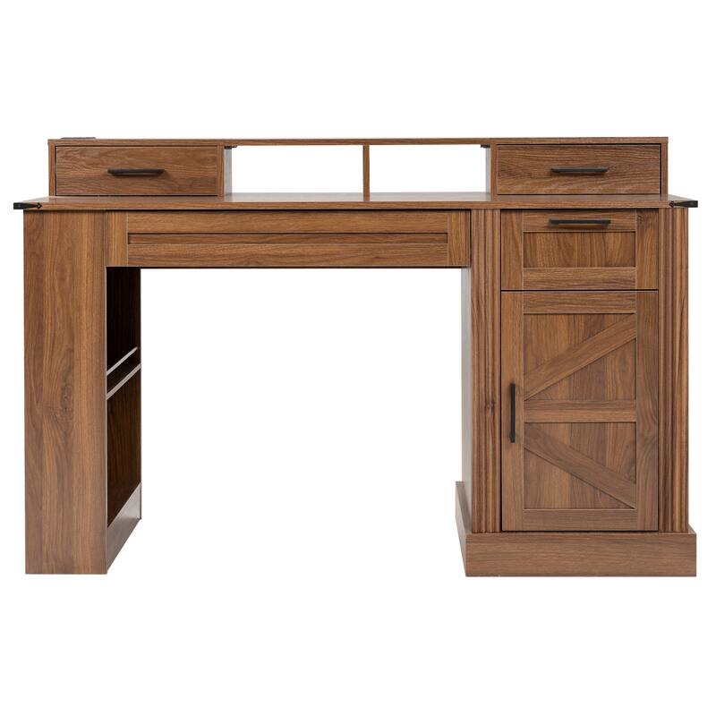 55" Farmhouse Office Desk Workstation with Storage Cabinet, Computer Writing Desk Table with Charging Station, Keyboard Tray