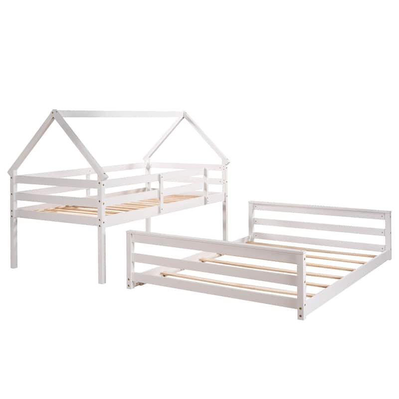 Twin Pine House Bunk Bed with Ladder and Guardrail