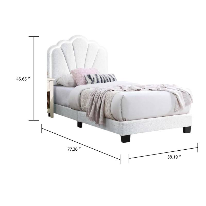 Roxy Twin Bed, White Wool Upholstery, LED Lighting, Padded Headboard