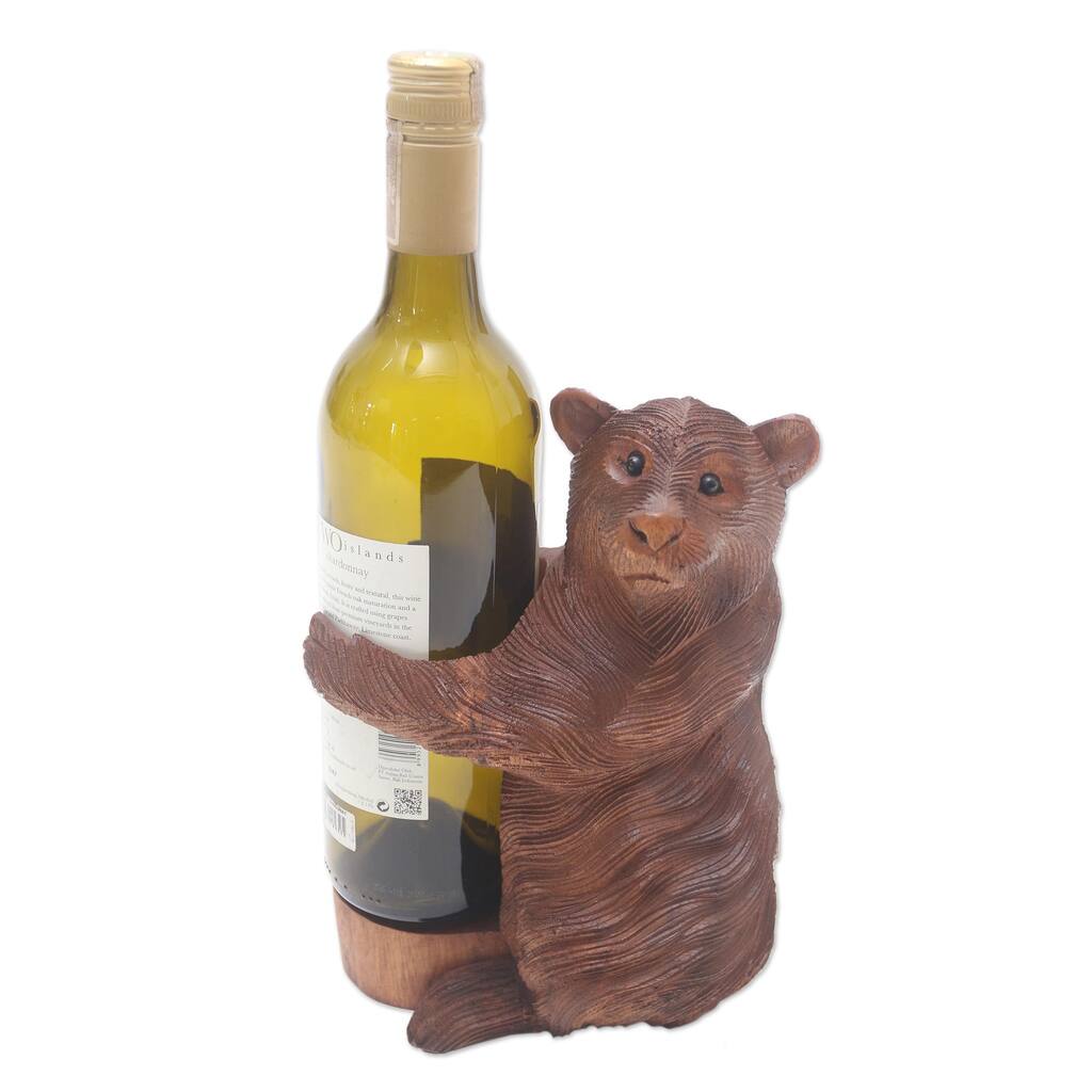 Novica Handmade Polar Bear Hug Wood Wine Bottle Holder