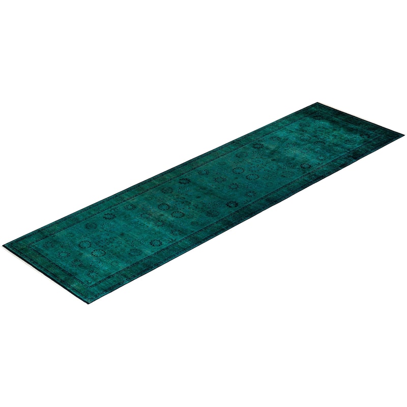 Overton Hand Knotted Wool Vintage Inspired Modern Contemporary Overdyed Green Area Rug - 4' 0" x 15' 0"