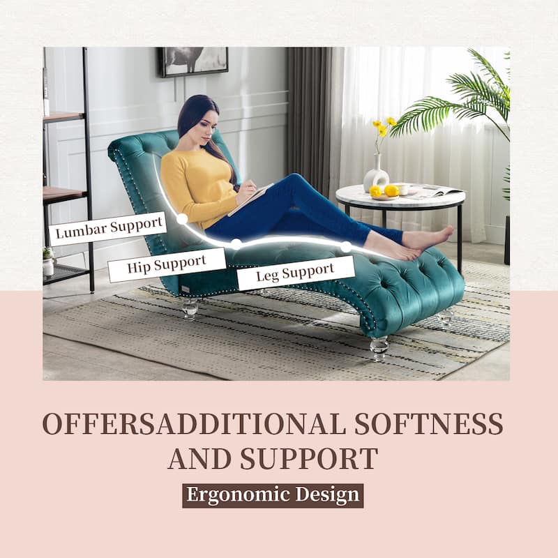 Teal Modern 63.98" Upholstered Buttons Tufted Chaise Lounge Chair with Pillow and Acrylic Legs