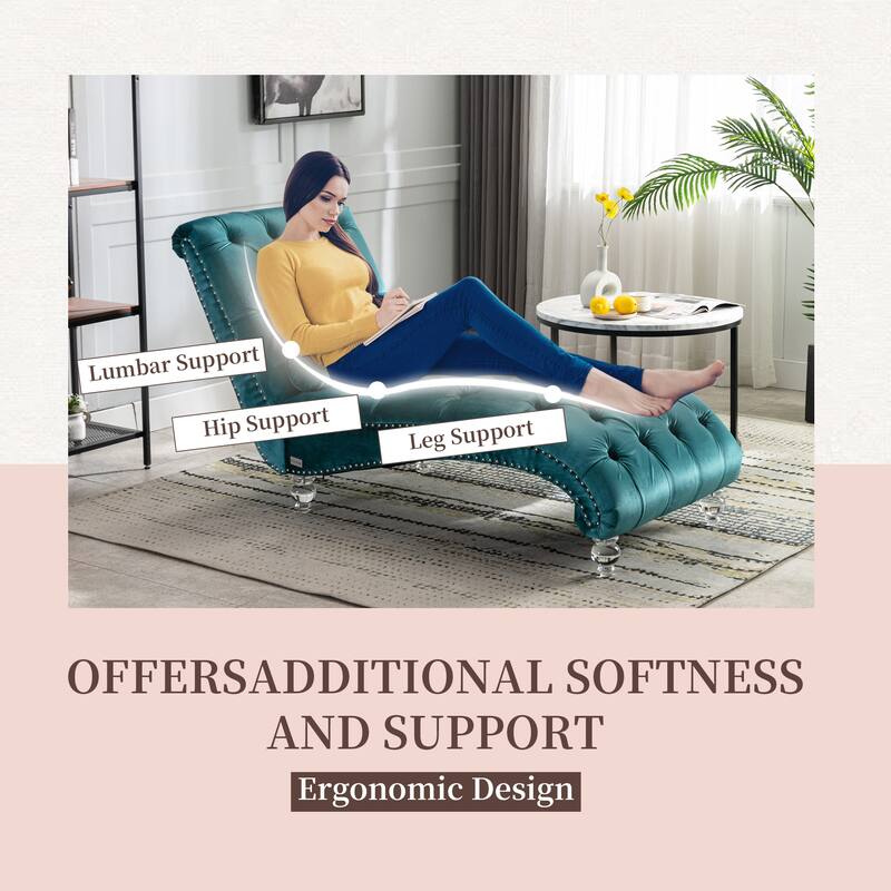 Velvet Tufted Chaise Lounge Chair Ergonomic S Shape Recliner with Pillow, Nailhead Trim and Acrylic Legs for Indoor Use