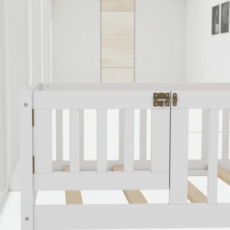 Twin/Full/Queen Size Wood Floor Bed with Door and Guardrails for Kids, Montessori Bed with Removable Slats