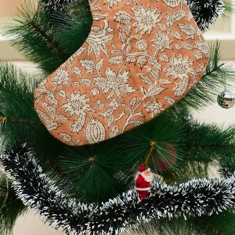 Fabdivine Linen or Cotton Hand Block Home Decorative Christmas Stockings - 16"X6.5" - Manikarnika- Chocolate Brown - Christmas Stockings