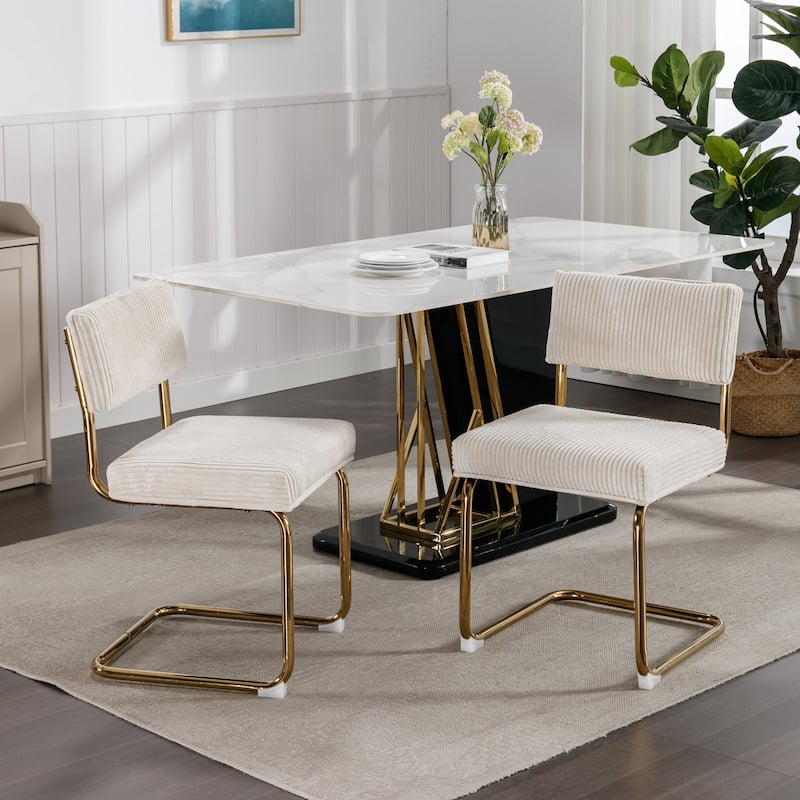 Modern Corduroy Fabric Dining Chairs w/ Gold Metal Base Side Chairs Accent Armless Kitchen Chairs Set of 2 - Black - Beige