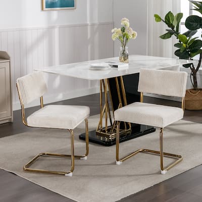 Modern Dining Chairs with Corduroy Fabric,Gold Metal Base, Accent Armless Kitchen Chairs with Channel Tufting, Set of 2
