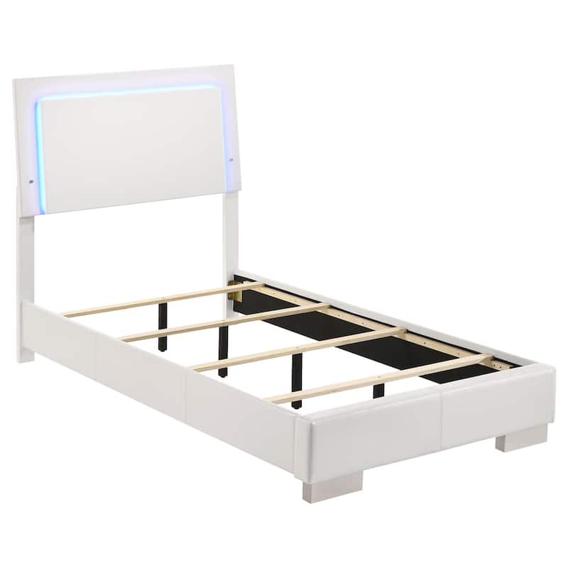 Panel Bed with LED Lighting, Glossy White, Modern Upholstered Design with Touch-Control LED
