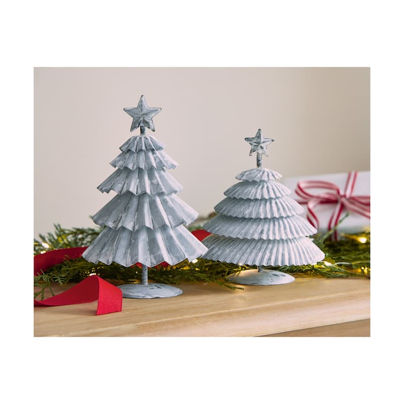 Gray Crimped Tin Tree with Star Tree Topper Tabletop Decoration, Short 6.3H in.
