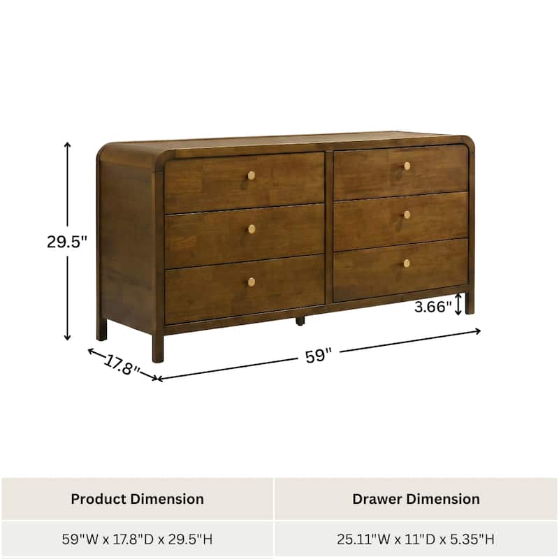 Roundhill Furniture Eldren 6-Drawer Wood Dresser with Solid Rubberwood Frame, Walnut Finish