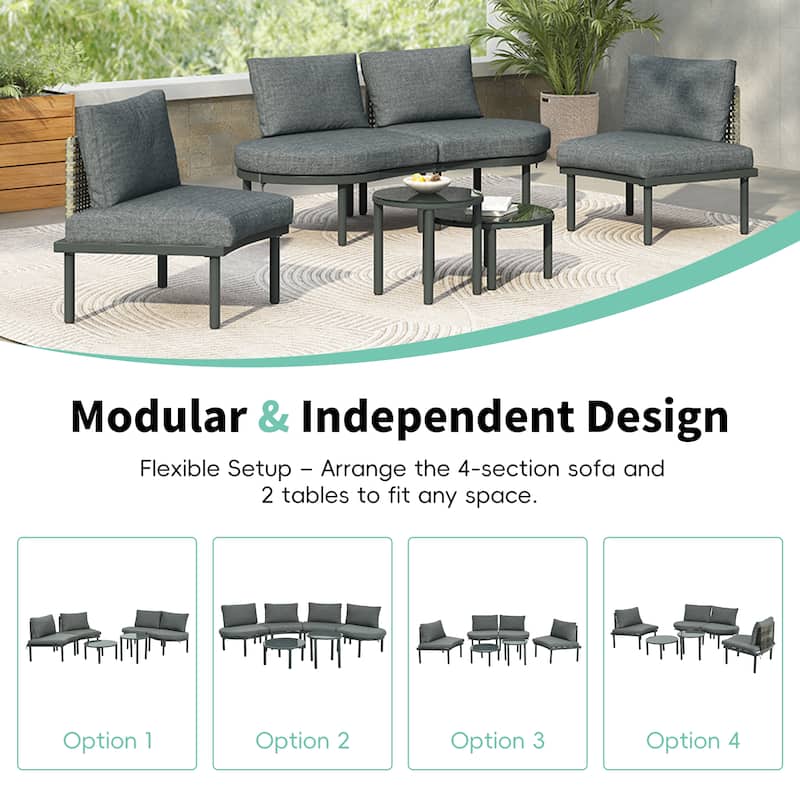 Stylish 6-Piece Half Moon Patio Sofa Set with High-Low Coffee Tables