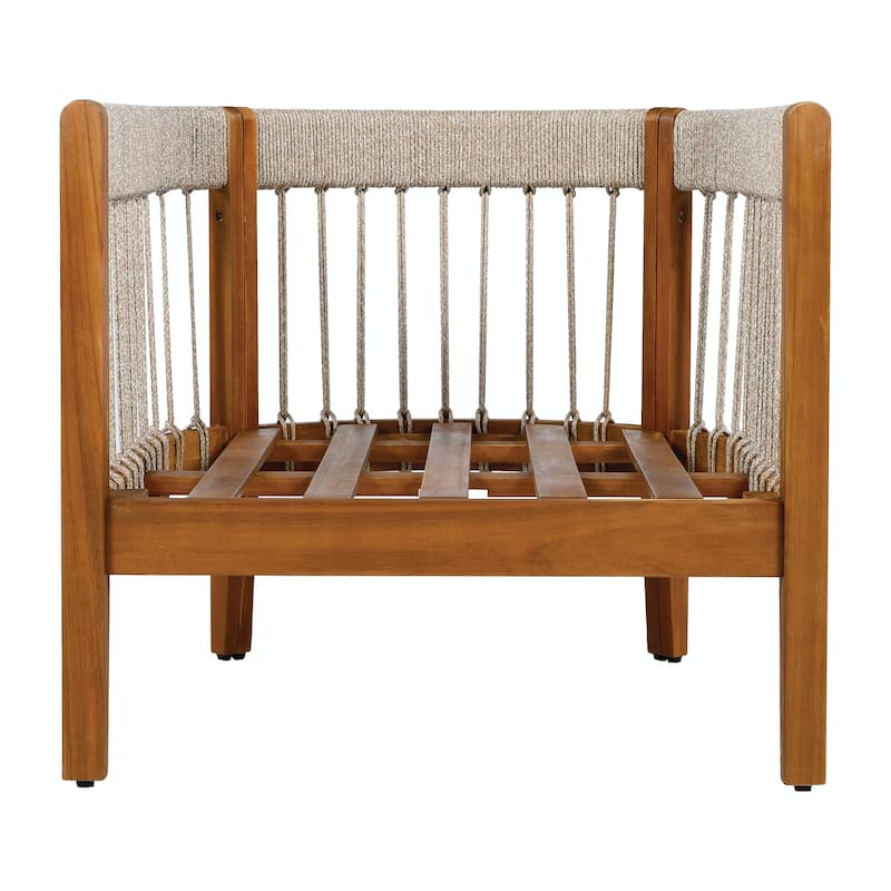 Acacia Wood Outdoor Club Chair with Handwoven Rope Accents & Curved Backrest