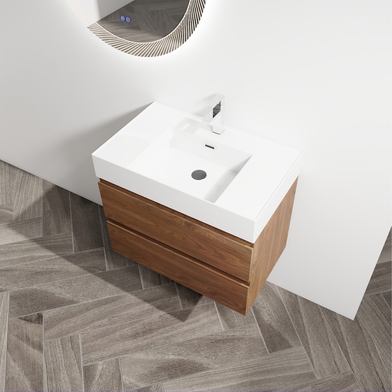 30" Wall-Mounted Bathroom Vanity With Resin Sink, 2-Soft Close Drawers