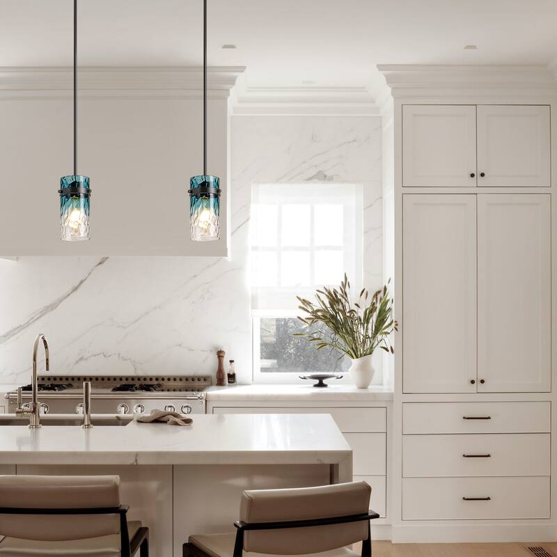 1/3-Light Coastal Matte Black Adjustable Pendant Light with Gradient Blue Hammered Cylinder Glass for Kitchen Island