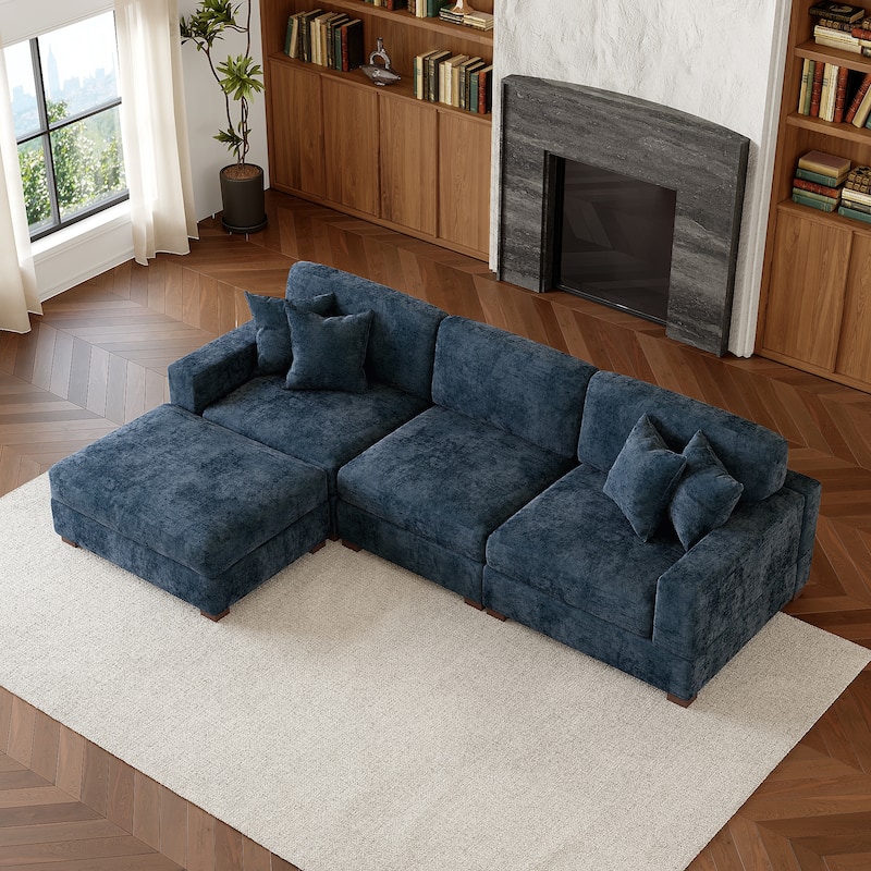 Oversized Chenille Modular Sectional Sofa Living Room Set with Ottoman - Blue/4 Piece