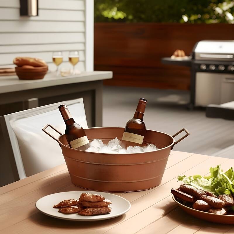 Thea Oval Shape Hammered texture Metal Tub with 2 Side Handles, Copper