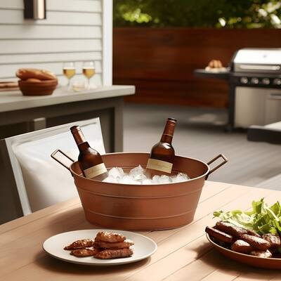 Thea Oval Shape Hammered texture Metal Tub with 2 Side Handles, Copper