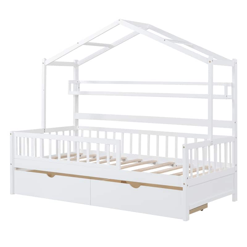 House Bed with 2 Drawers,Kids Bed with Storage Shelf