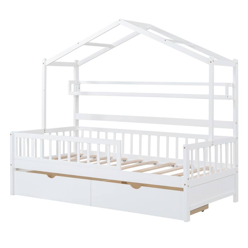Pine House Bed with Drawers, Shelf & Guardrail