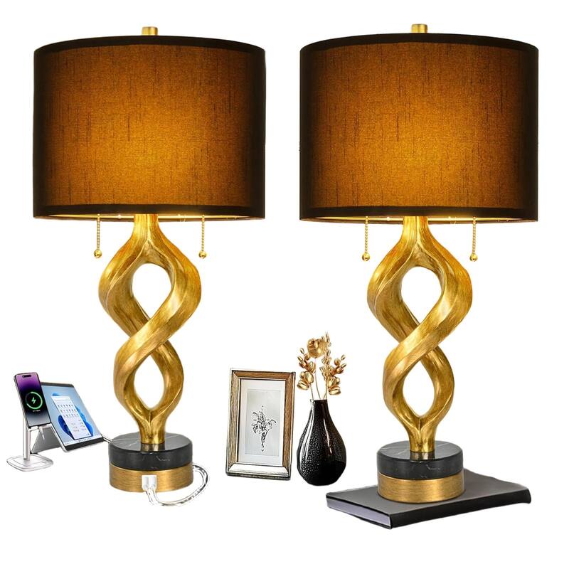Pull Chains Switch Rustic Nightstand Lamp Marble Base with USB for Home Room - Antique Gold, Black