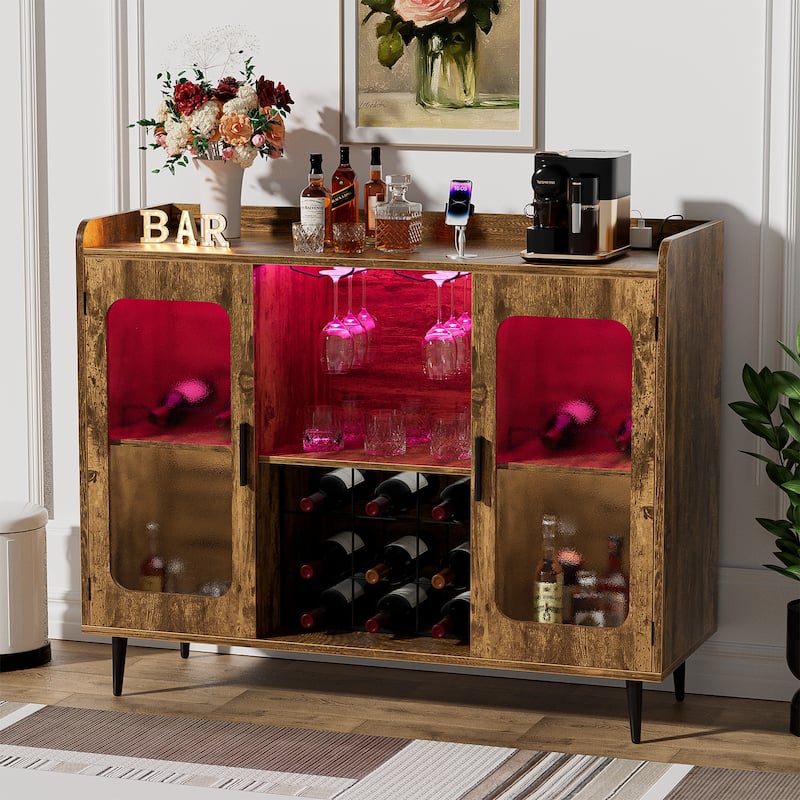 Farmhouse Rustic Accent Cabinet with LED Light USB Port, Sideboard Buffet Home Bar