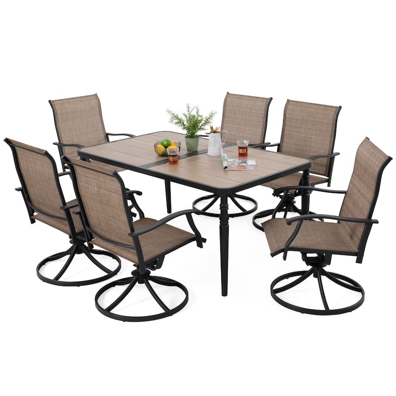 Patio Textilene Dining Table Set of 7 with Umbrella Hole and Swivel Chairs