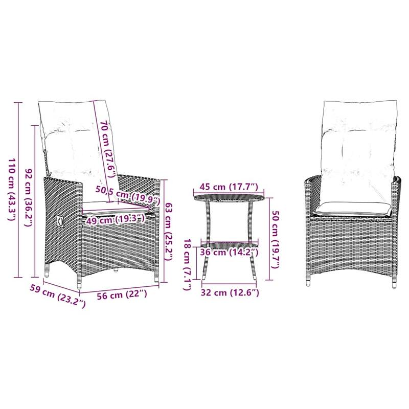vidaXL 3 Piece Bistro Set with Cushions Gray Poly Rattan - 22.0 x 23.2 x 36.2