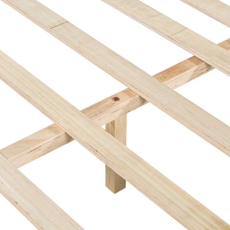 King Size Pine Wood Bed Frame with Headboard, Mid Century Modern Design, Natural & Green Finish