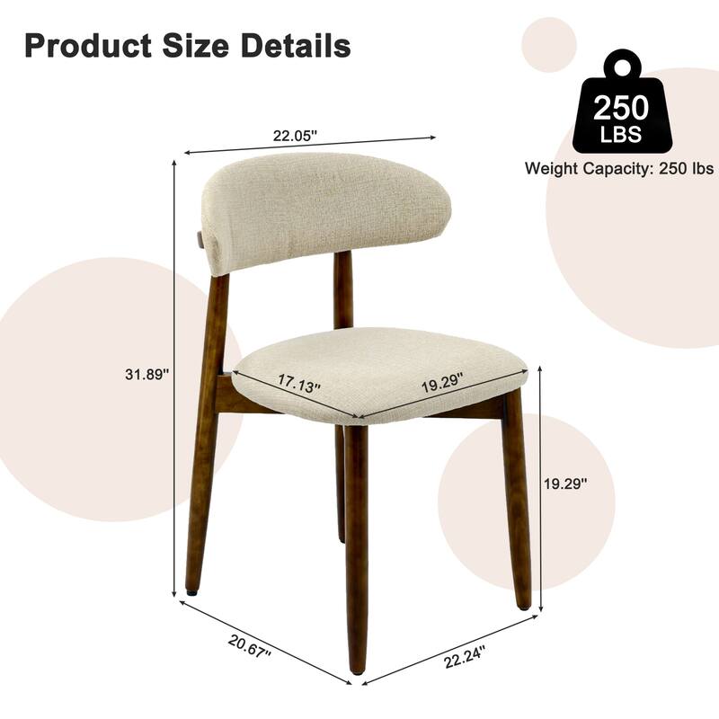 Wooden Dining Chairs Set of 2, Modern Fabric Upholstered Dining Room Chair with Curved Back, with Adjustable Foot Pads