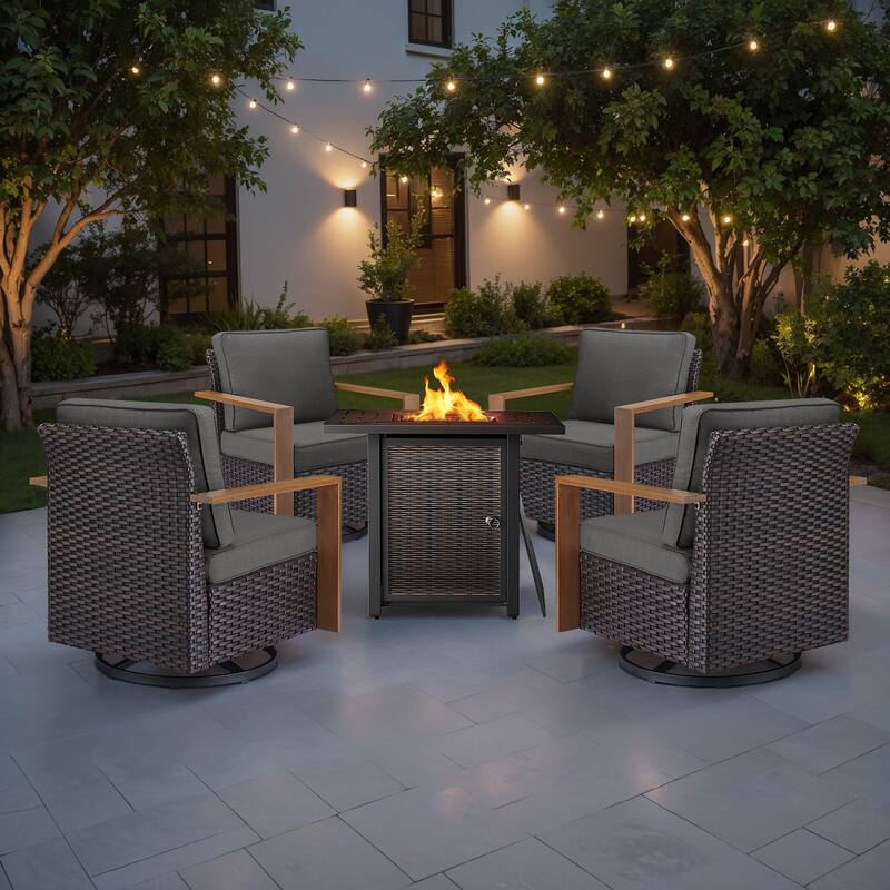 Meyreso 5-Piece Wicker Swivel Glider Metal Fire Pit Set with Plush 4.5" Olefin Cushions - Brown Wicker - Gray Cushions