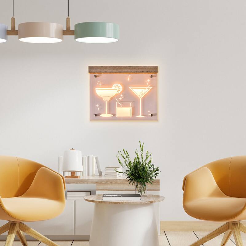 American Art Decor Tipsy Wall Decor with Purple LED Featuring Drinks - 13.98" x 11.0" - 11" x 14"