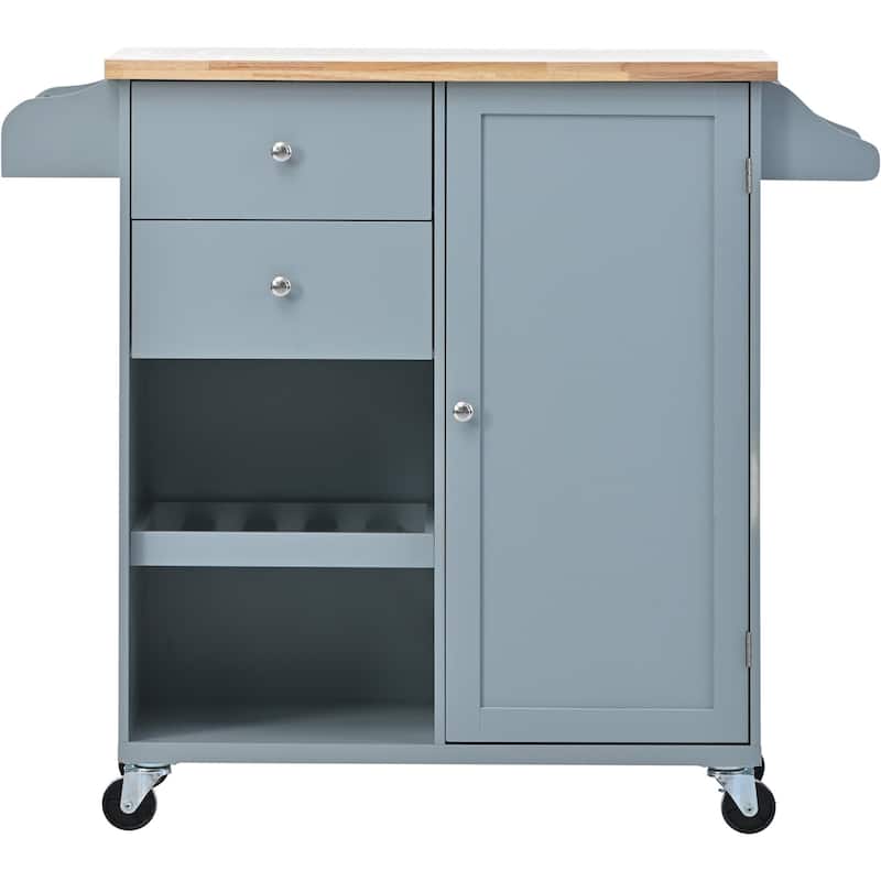 Rubberwood Kitchen Cart with Drop Leaf, Internal Storage Rack, Towel Holder, Spice Rack, and 2 drawers