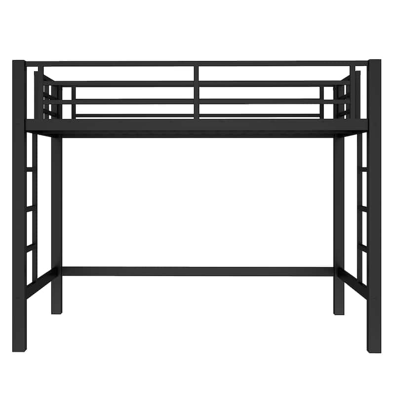 Twin Size Metal Loft Bed Frame with Ladders and Guardrails