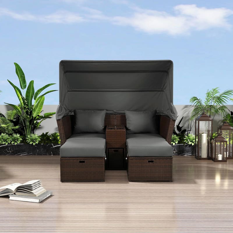 Outdoor Patio Loveseat Sofa Set with Foldable Awning