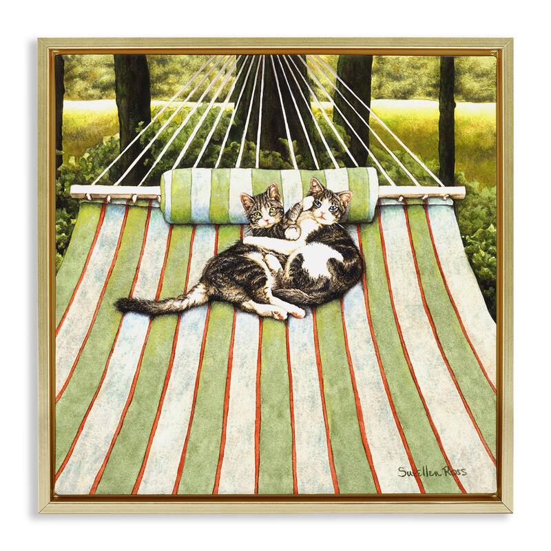 Stupell Playful Kittens on Hammock Framed Floater Canvas Wall Art Design By Sueellen Ross - 18 x 18 - Gold