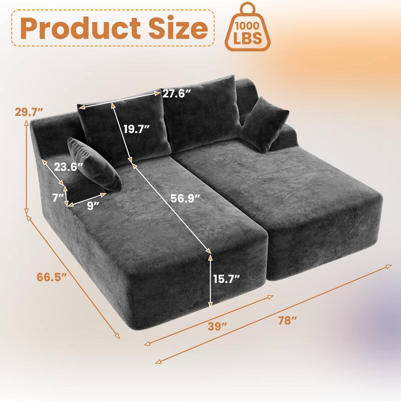 Velvet Dual Chaise Sofa Bed, Sleeper Sofa with Thicked Cushions and Throw Pillows, Deep Seat Lounge Loveseat Sofa