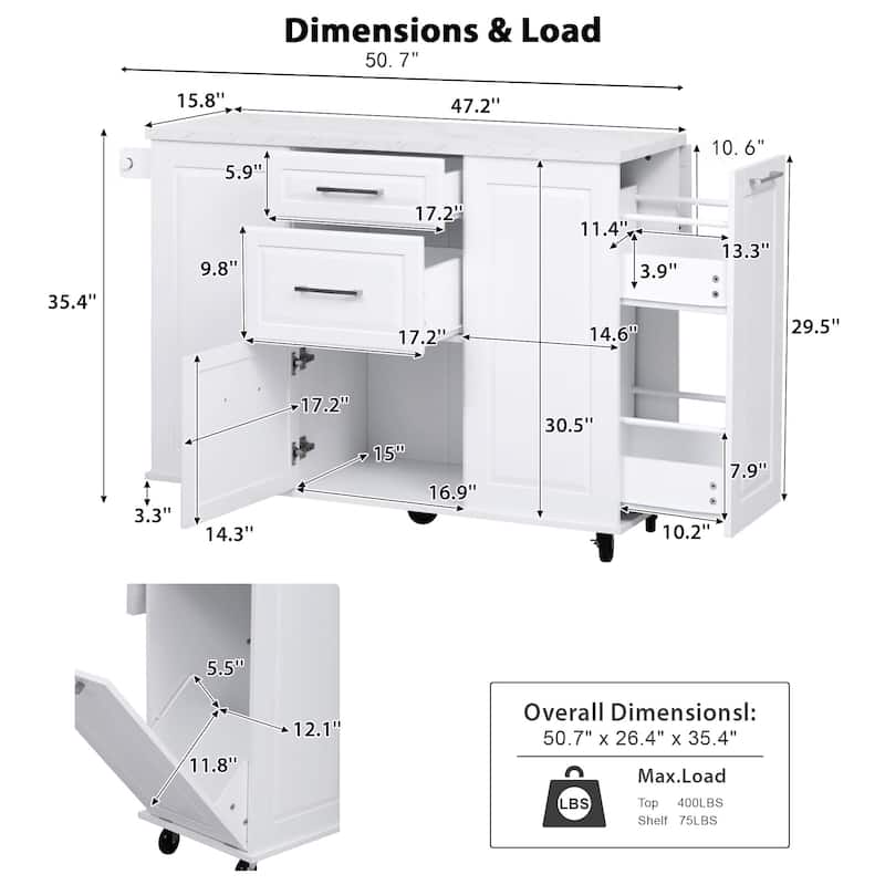 50.7" Rolling Kitchen Island - Drop Leaf, 2 Drawers, Tilt Trash Cabinet & Organizer on 5 Wheels
