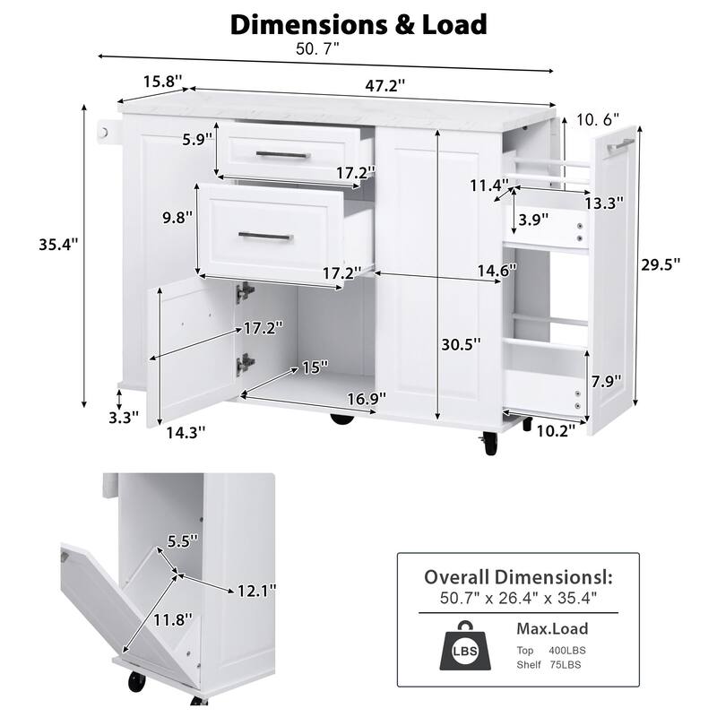 50.7" Rolling Kitchen Island with Tilt Trash Cabinet, Drop Leaf, Pull-Out Organizer, 2 Drawers and 1 Door