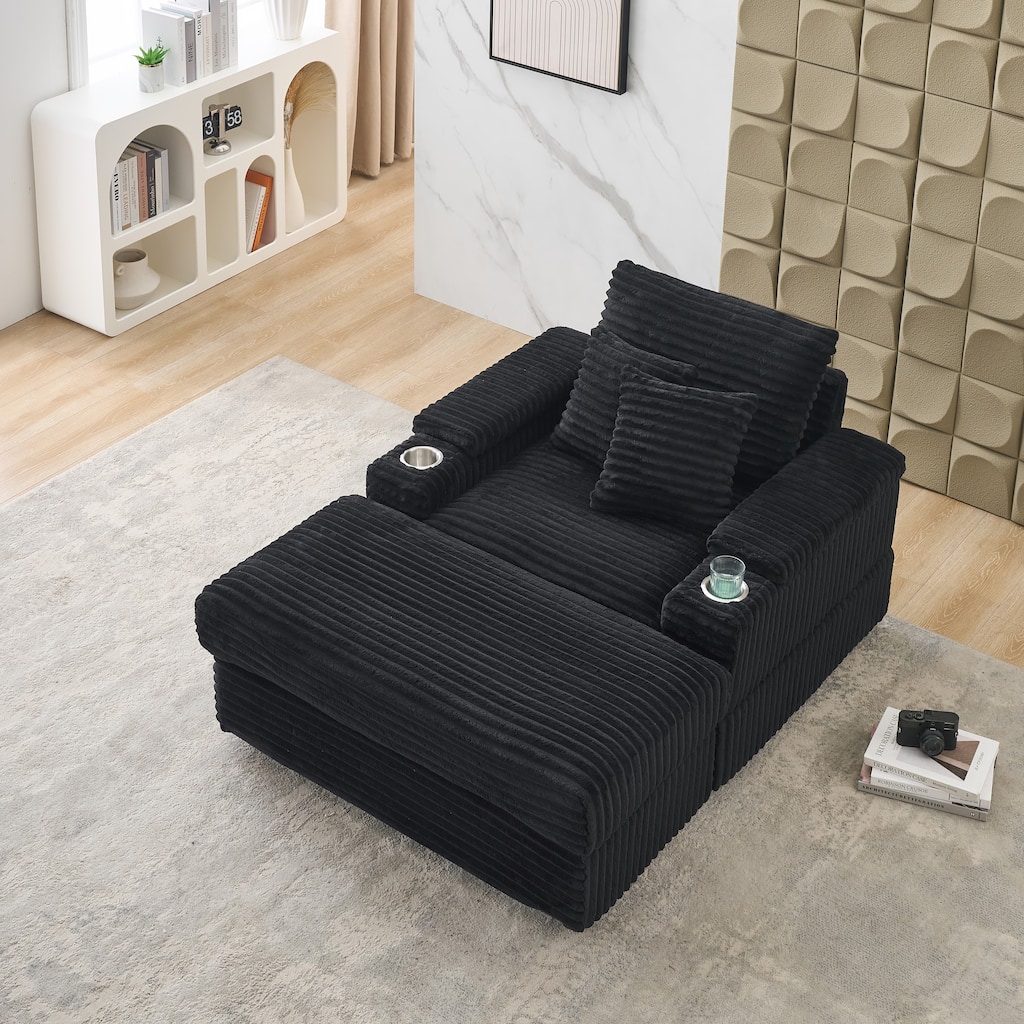 Black Corduroy Single Sofa with Pillows and Ottoman
